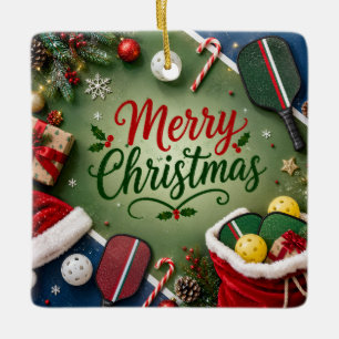 Pickleball with Christmas Frame Ceramic Ornament