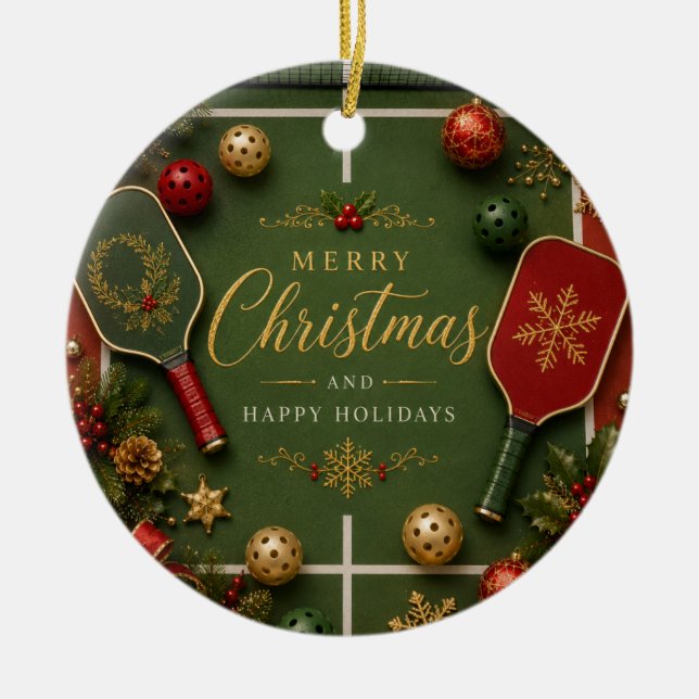 Pickleball with Christmas Frame Ceramic Ornament (Front)