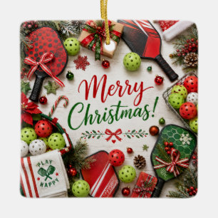 Pickleball with Christmas Frame Ceramic Ornament