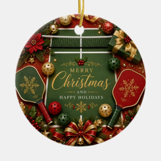 Pickleball with Christmas Frame Ceramic Ornament (Front)