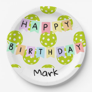 Pickleball with happy birthday banner paper plate