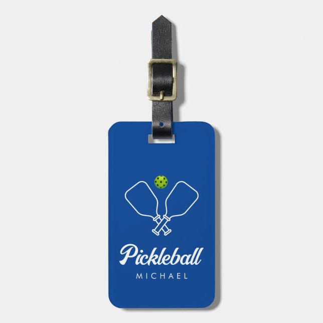 Pickleball with Paddles & Ball Personalized blue Luggage Tag (Front Vertical)
