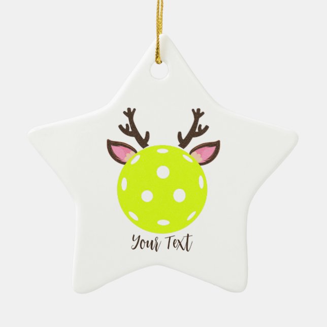 Pickleball with Reindeer Antlers. Funny Pickleball Ceramic Ornament (Front)