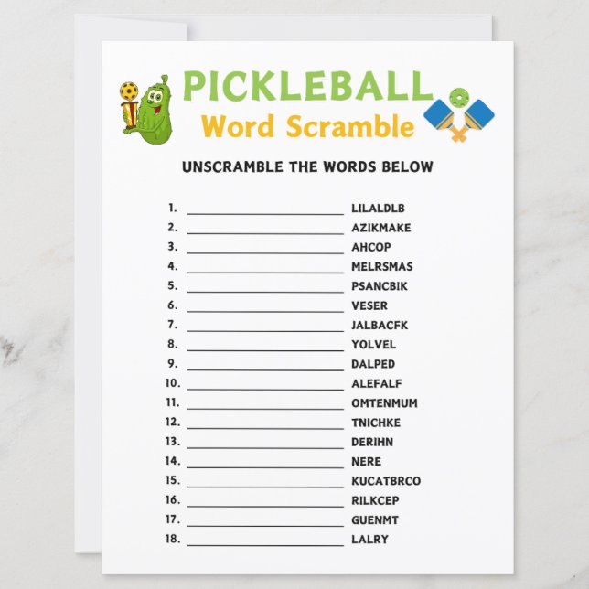 Pickleball Word Scramble Game (Front)