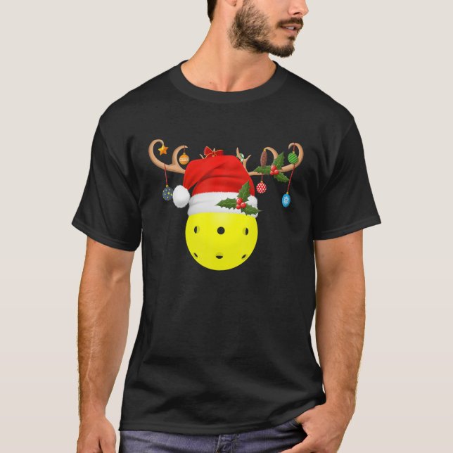 Pickleball Xmas Gift Reindeer Santa Hat Pickleball T-Shirt (Front)