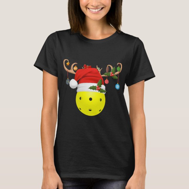 Pickleball Xmas Gift Reindeer Santa Hat Pickleball T-Shirt (Front)