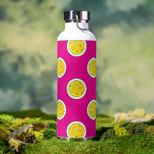 Pickleball Yellow Pickleballs Polka Dots Hot Pink Water Bottle