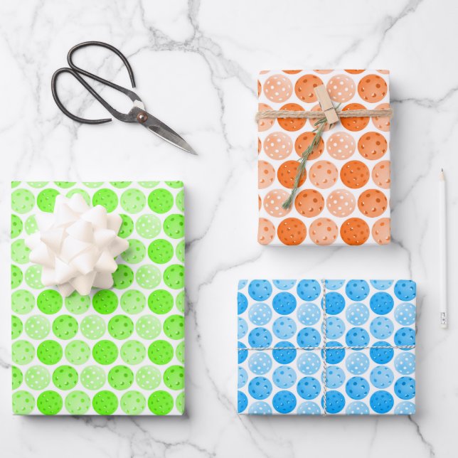 Pickleballs - Green, Orange and Blue on White Wrapping Paper Sheet (Front)
