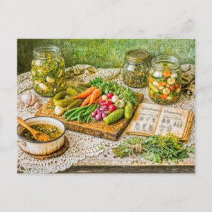 Pickled Cucumbers and Fresh Vegetables in Rustic V Postcard