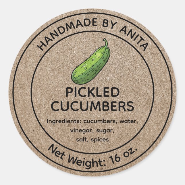 Pickled Cucumbers Jar Label Kraft Design (Front)