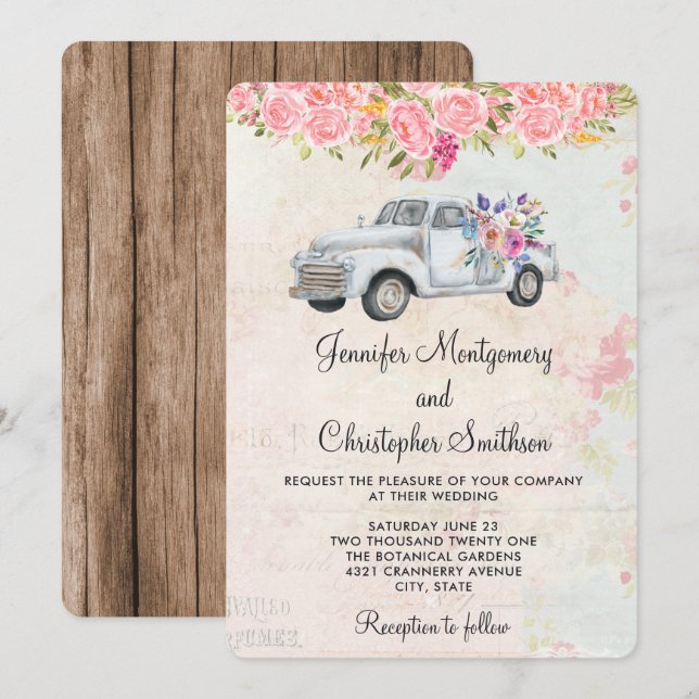 Pickup Truck and Flowers Rustic Watercolor Wedding Invitation (Front/Back)