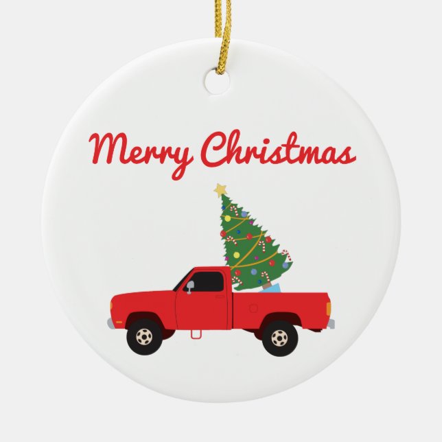 Pickup Truck Christmas Tree Ceramic Ornament (Front)