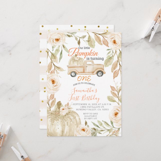 Pickup Truck Pumpkin Third Birthday Invite (Front/Back In Situ)