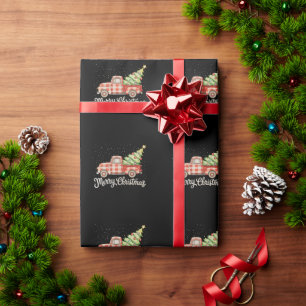 Pickup Truck Red Buffalo Plaid Merry Christmas Wrapping Paper