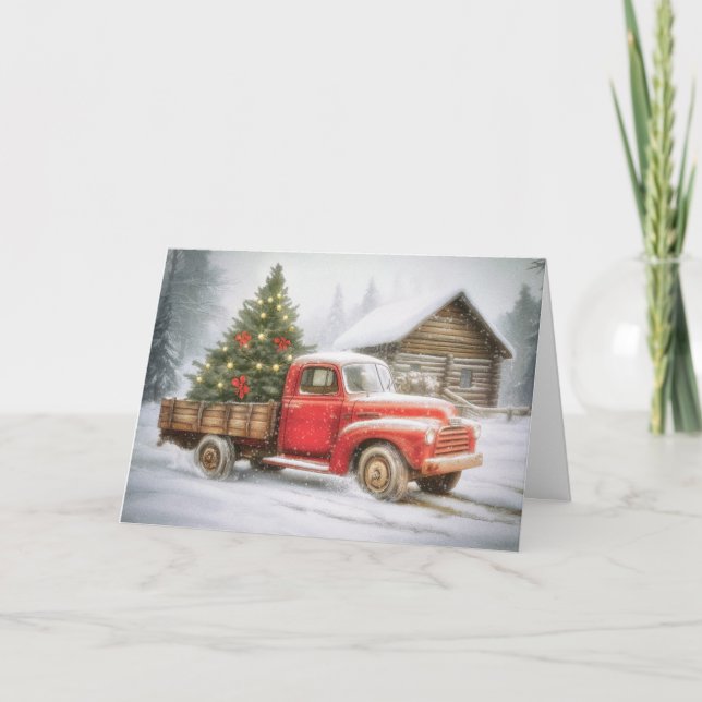 Pickup truck tree with Christmas tree Holiday Card (Front)