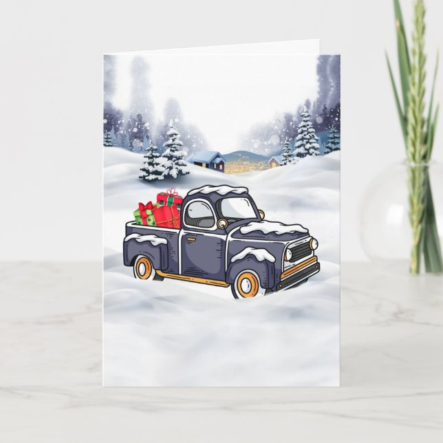 Pickup Truck with Gift Boxes Snowy Christmas Card (Front)