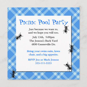 Picnic Ants Blue Plaid Party Invitation