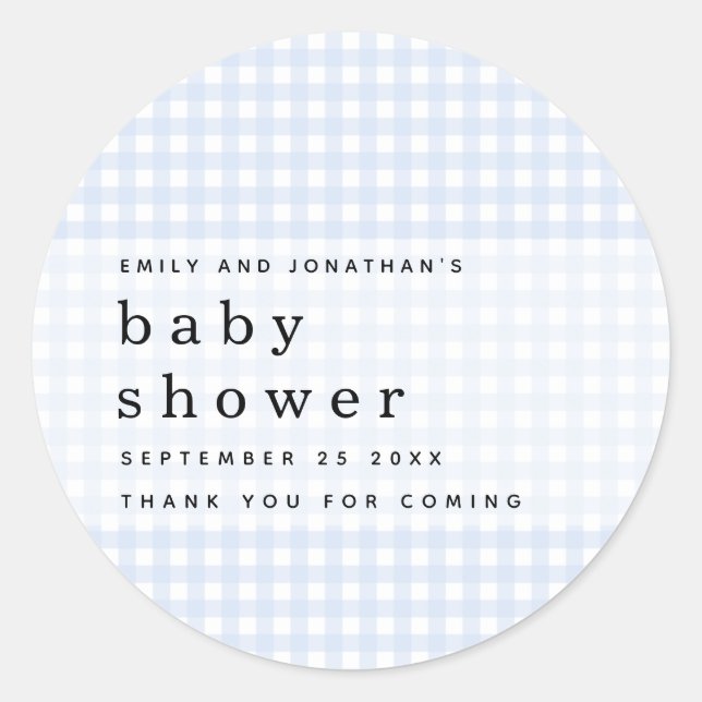 Picnic Baby Shower Names Blue Gingham  Classic Round Sticker (Front)
