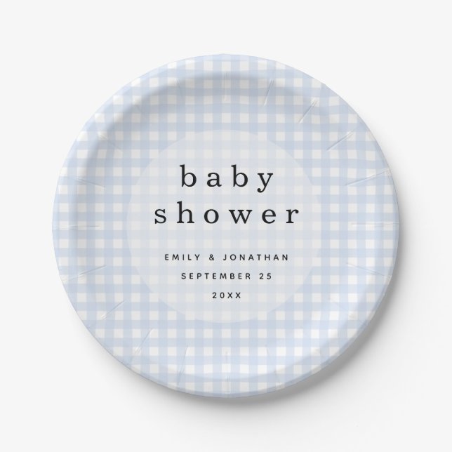 Picnic Baby Shower Names Date Blue Gingham Paper Plate (Front)
