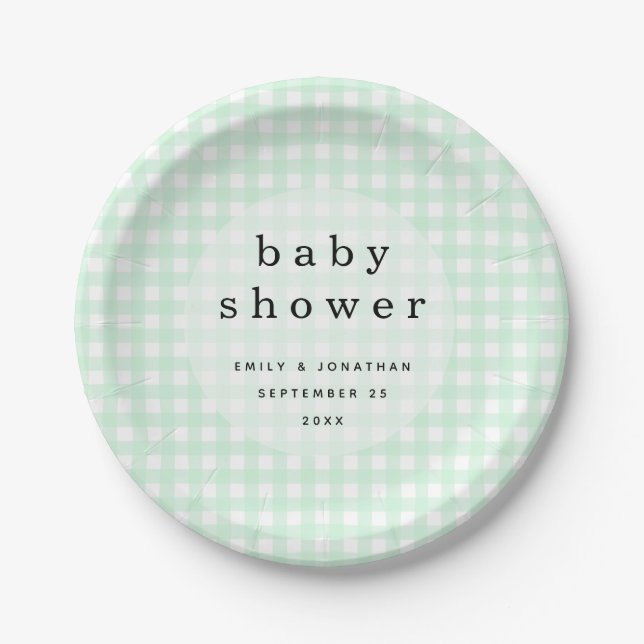 Picnic Baby Shower Names Date Green Gingham Paper Plate (Front)