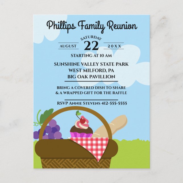 Picnic Basket Cloudy Sky Family Reunion Invitation Postcard (Front)