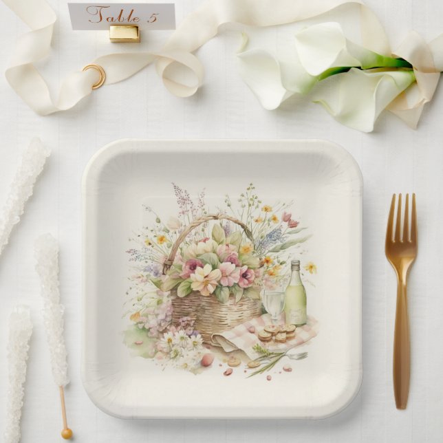 Picnic Basket with Wine Bottle Paper Plate (Wedding)