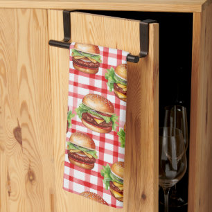 Picnic Burger Delight Retro Gingham & Cheeseburger Kitchen Towel