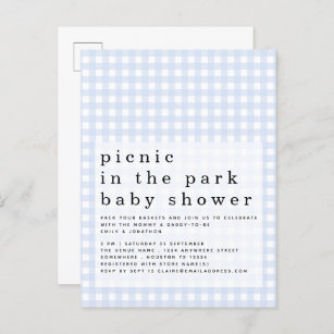 Picnic In Park Baby Shower Blue Gingham Invitation Postcard