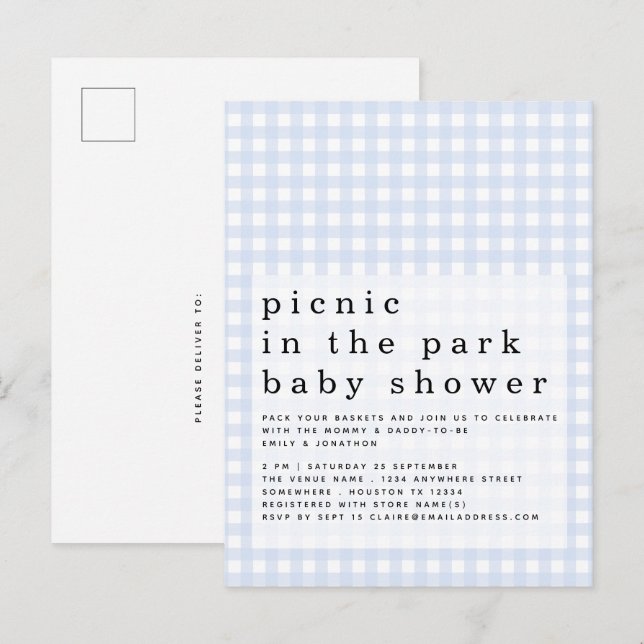 Picnic In Park Baby Shower Blue Gingham Invitation Postcard (Front/Back)