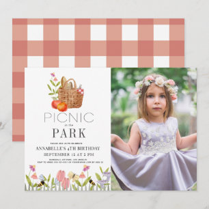 Picnic in the Park Basket Floral Birthday Photo In Invitation