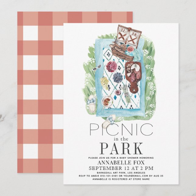 Picnic in the Park Watercolor Baby Shower Invitation (Front/Back)