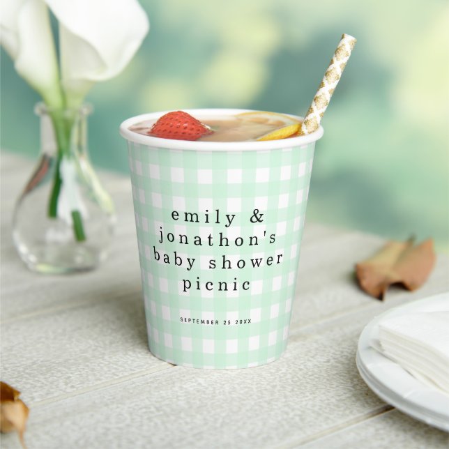 Picnic Park Names Date Baby Shower Green Gingham Paper Cups (Insitu)