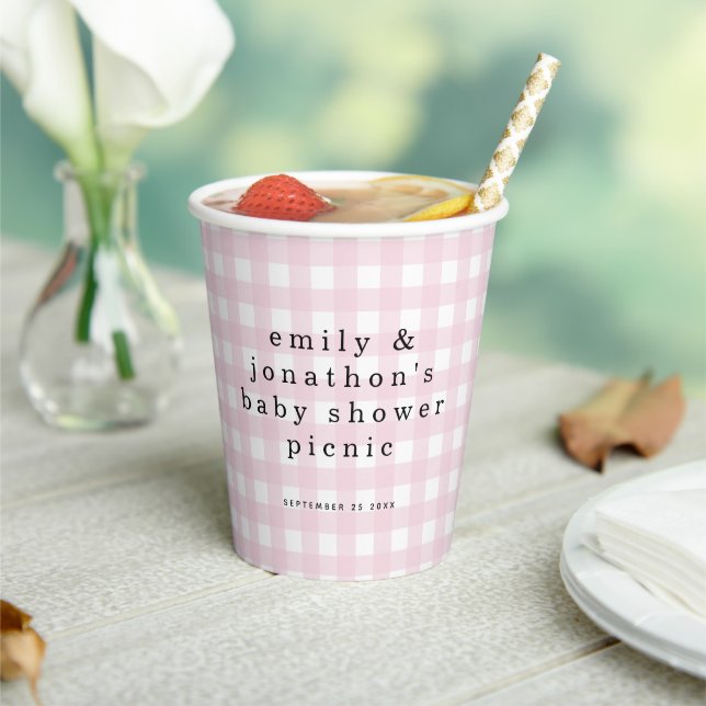 Picnic Park Names Date Baby Shower Pink Gingham Paper Cups (Insitu)