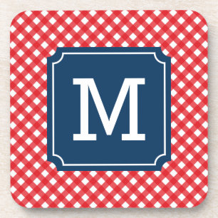 Picnic Red Gingham Personalize Name Monogram Coaster