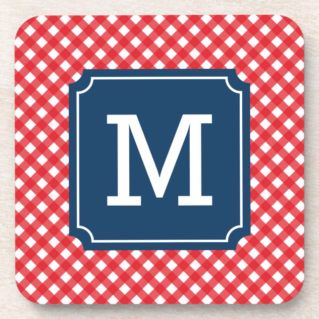 Picnic Red Gingham Personalize Name Monogram Coaster (Front)