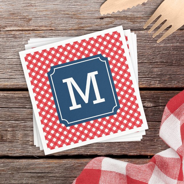 Picnic Red Gingham Personalize Name Monogram Napkin (Creator Uploaded)