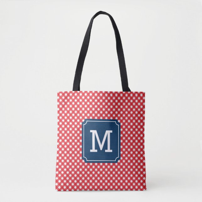 Picnic Red Gingham Personalized Name Monogram Tote Bag (Front)