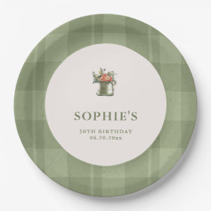 Picnic Summer Green Gingham Floral Birthday Paper Plate