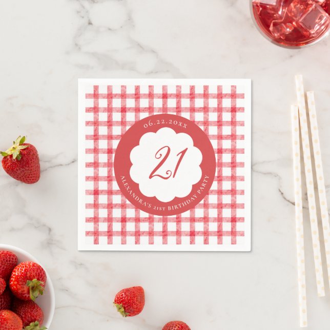 Picnic Summer Spring Red Gingham Scallops Birthday Napkin (Insitu)