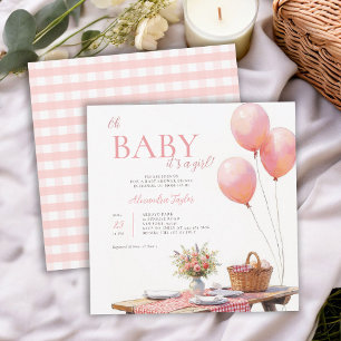 Picnic Wildflower Pink Balloons Girl Baby Shower Invitation