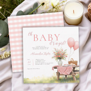 Picnic Wildflowers Balloons Pink Girl Baby Shower Invitation