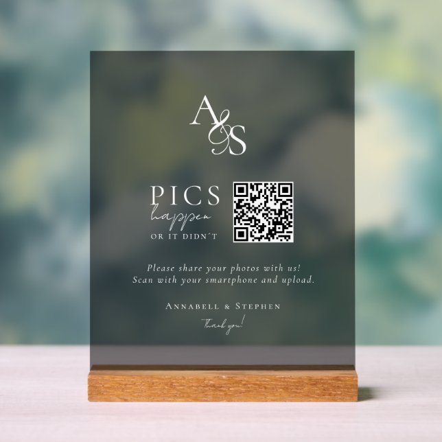 Pics happen! Photo, QR-Code, Wedding,Dark Acrylic Sign (Neutral)