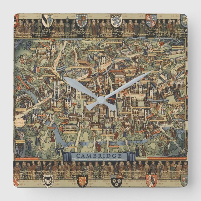 Pictorial Map of Cambridge, England Square Wall Clock (Front)