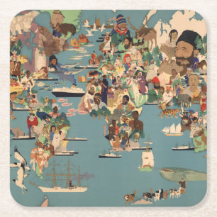 Pictorial Map of the World Square Paper Coaster