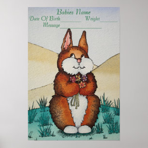 picture of brown bunny new baby information poster