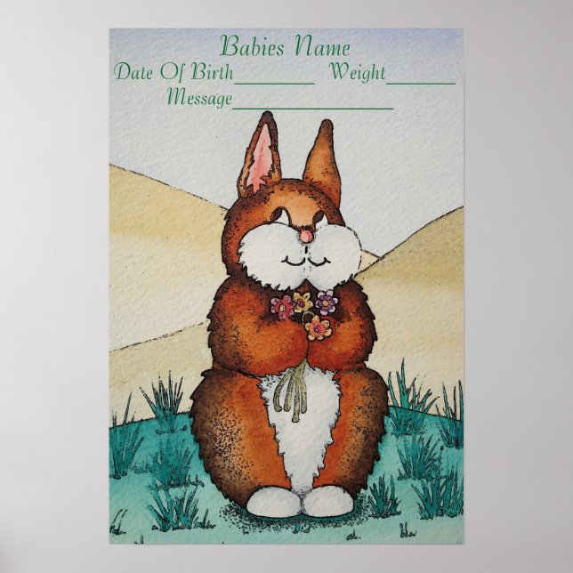 picture of brown bunny new baby information poster (Front)