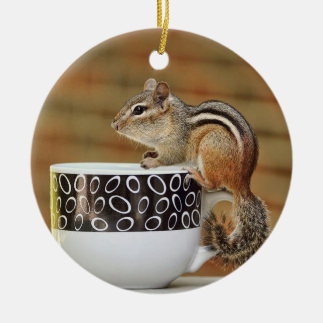 Picture of Chipmunk with Latte Coffee Cup Ceramic Ornament (Front)