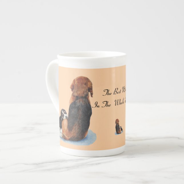 picture of cute beagle puppy cuddling mom dog bone china mug (Front Left)