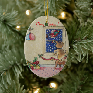 picture of cute puppy at christmas ceramic ornament