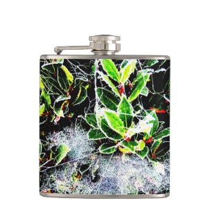picture of frost covered holly and berries hip flask